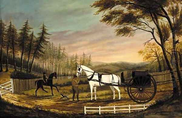 A gentleman with a horse and gig in a landscape Oil Painting by American School