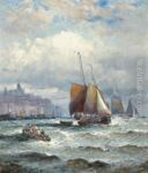 A Calais Fishing Boat Off The Harbour Mouth, Boulogne Oil Painting by William A. Thornley Or Thornber