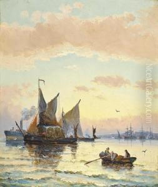 Hay Barges On The Medway At Dusk Oil Painting by William A. Thornley Or Thornber