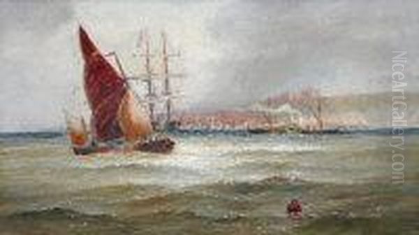 Sailing Boats And Paddle Steamer In A Seascape With Whitby In The Distance Oil Painting by William A. Thornley Or Thornber