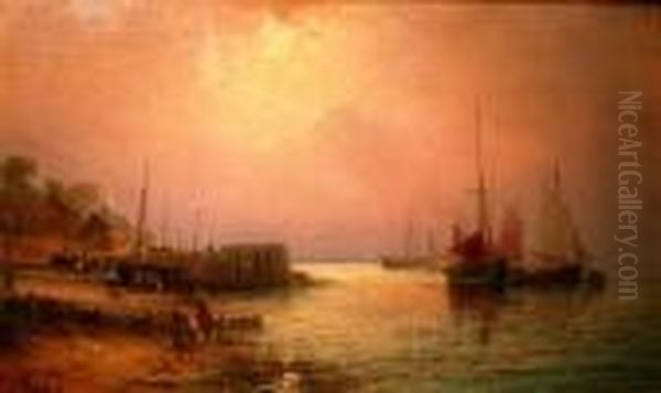 Fishing Boats Off Shore Oil Painting by William A. Thornley Or Thornber