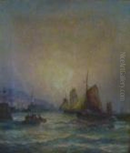 Fishing Boats Entering Scarborough Harbour Oil Painting by William A. Thornley Or Thornber