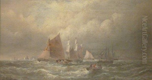 Fishing Boats Off Scarborough Oil Painting by William A. Thornley Or Thornber