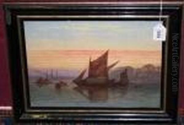 Barges At Sunset With Shippingbeyond Oil Painting by William A. Thornley Or Thornber