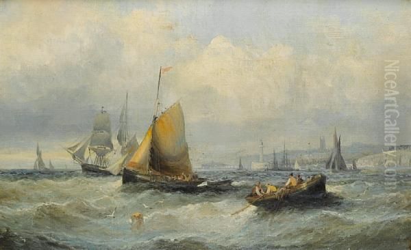 Shipping Off A Harbour Mouth Oil Painting by William A. Thornley Or Thornber