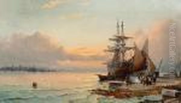 Figures And Beached Fishing Vessels Atsunset Oil Painting by William A. Thornley Or Thornber