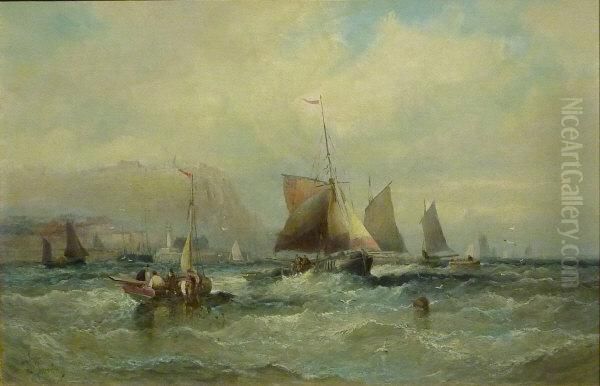 Fishing Boats In The South Bay Scarborough Oil Painting by William A. Thornley Or Thornber