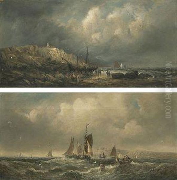 A Stiff Breeze Off The North 
East Coast; And Figures Salvaging A Beached Wreck At Low Tide Oil Painting by William A. Thornley Or Thornber