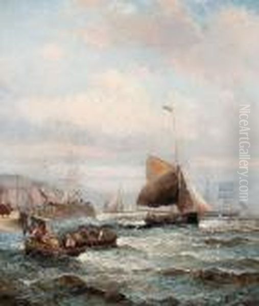 A Busy Harbour Scene Oil Painting by William A. Thornley Or Thornber