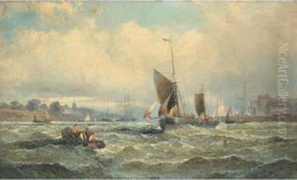 Fishing Schooner Off The French Coast; A Fresh Breeze Mouth Of Theorwell Oil Painting by William A. Thornley Or Thornber