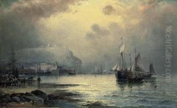 Fishing Vessels Off Scarborough At Dusk Oil Painting by William A. Thornley Or Thornber