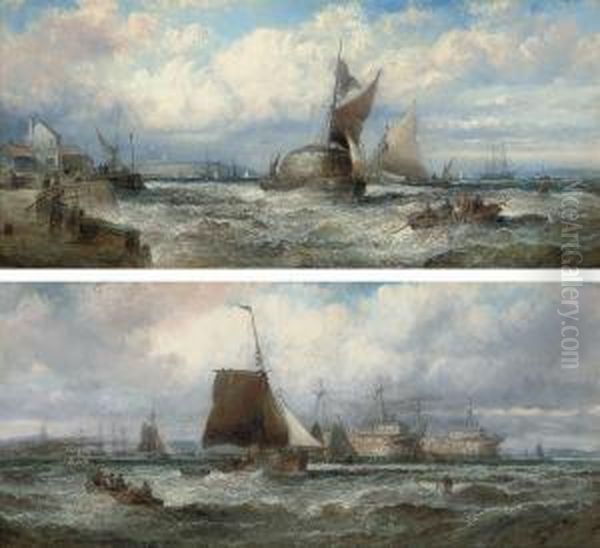 A Fresh Breeze, Old Hulks In The Hamoaze Oil Painting by William A. Thornley Or Thornber