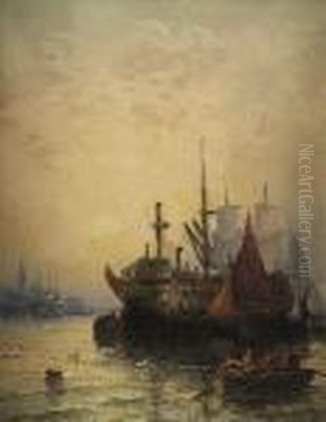 Shipping On The Medway Oil Painting by William A. Thornley Or Thornber