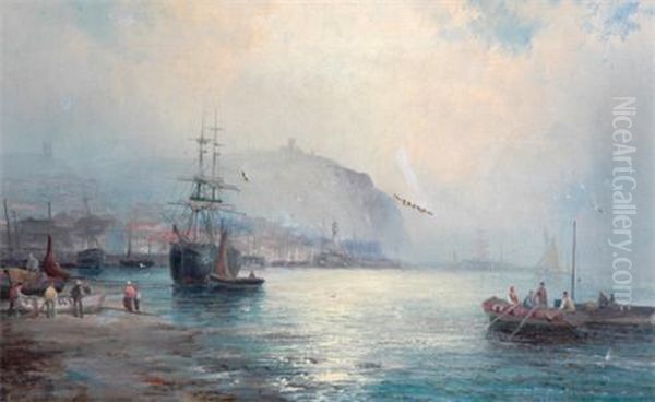 Shipping And Small Fishing Boats Outside Withy Harbour Atsunset Oil Painting by William A. Thornley Or Thornber