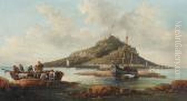 Coastal Scene With Islet And Fishing Folk Oil Painting by William A. Thornley Or Thornber