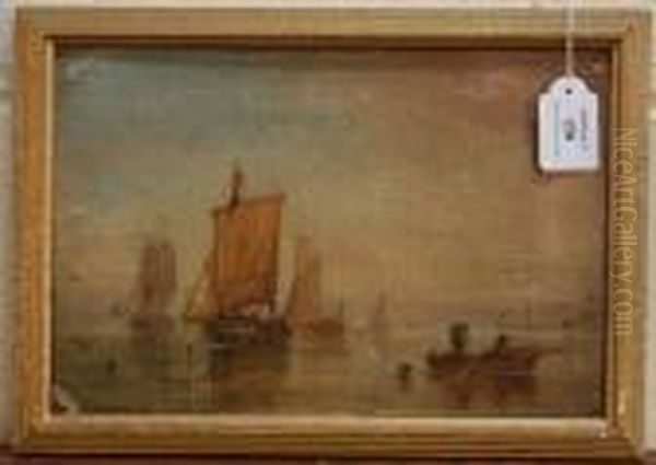 Coastal View With Figures In A Rowing Boat And Sailing Vessels Oil Painting by William A. Thornley Or Thornber