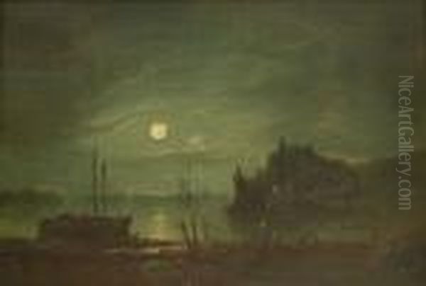 Fishing Boats With Nets Drying On The Shoreline By Moonlight Oil Painting by William A. Thornley Or Thornber