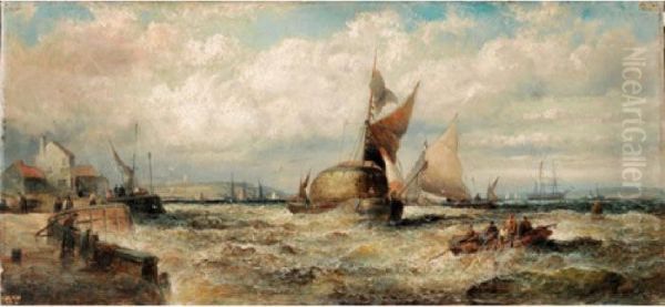 Wind Against Tide, Barges, Mouth
 Of The Thames; A Fresh Breeze, Old Hulks On The Hamoaze, Devonport Oil Painting by William A. Thornley Or Thornber