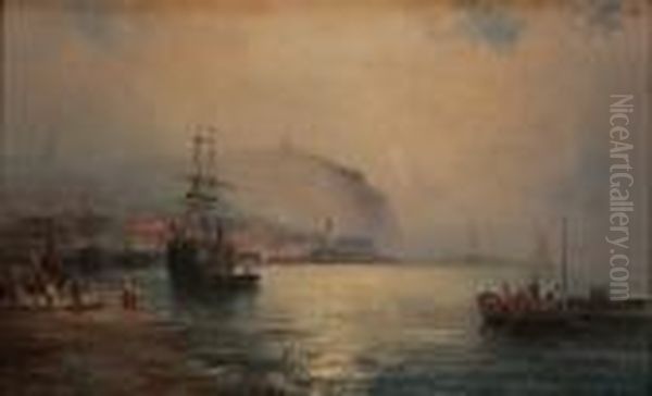 Coastal View Of A Busy Harbour Oil Painting by William A. Thornley Or Thornber