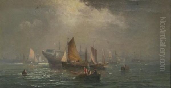 A Fishing Boat Collecting Its Catch On The Edge Of A Busy Harbour Oil Painting by William A. Thornley Or Thornber