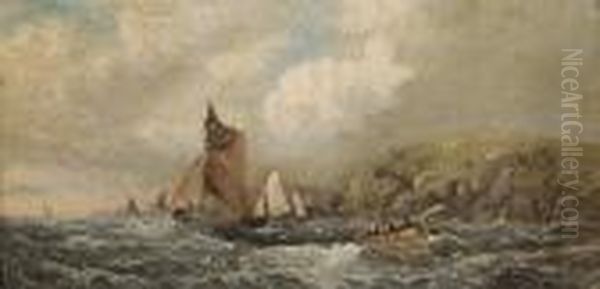 Fishing Vessels Off The Coast Oil Painting by William A. Thornley Or Thornber