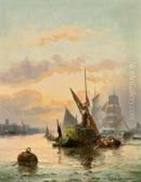 Fischer An Der Kuste Bzw. Fischer Beim Entladen Oil Painting by William A. Thornley Or Thornber