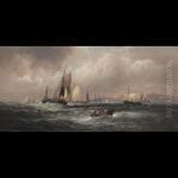 Fishing In Heavy Seas Oil Painting by William A. Thornley Or Thornber