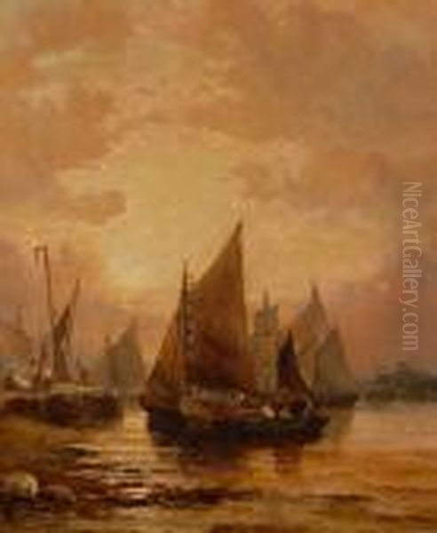 Fishing Harbour Scene At Sunset Oil Painting by William A. Thornley Or Thornber