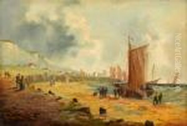 Coastal Scene With Boats Oil Painting by William A. Thornley Or Thornber