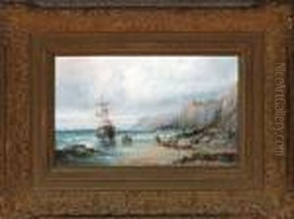 Figures On A Beach Salvaging A 
Wrecked Sailing Ship, With A Castleon The Cliffs In The Background Oil Painting by William A. Thornley Or Thornber