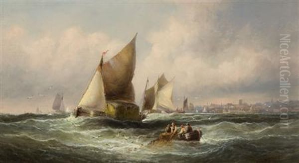 Hay Barge And Fishing Vessels In The Thames Estuary Oil Painting by William A. Thornley Or Thornber