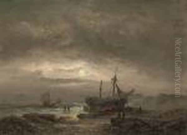 Fishermen On The Beach, By Moonlight Oil Painting by William A. Thornley Or Thornber