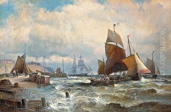 Shipping Off A Pier In A Stiff Breeze Oil Painting by William A. Thornley Or Thornber