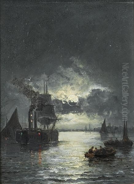 Moonlight On The Thames Oil Painting by William A. Thornley Or Thornber