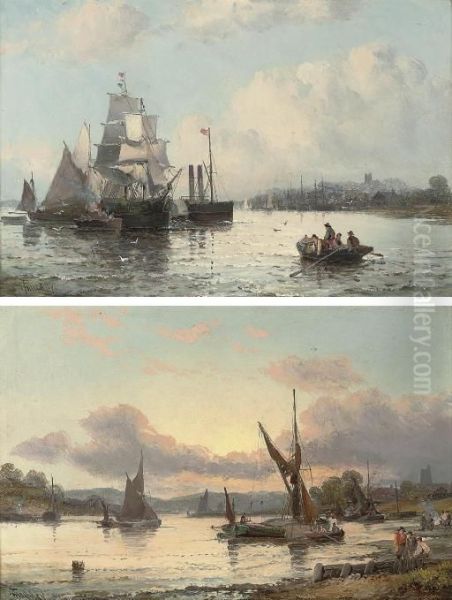 A Paddle Steamer And Other 
Shipping On A River Estuary; And River Traffic At Dusk (both 
Illustrated) Oil Painting by William A. Thornley Or Thornber