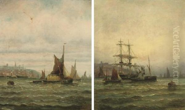 A Hay Barge And Other Shipping 
On The Medway; And Shipping On The Medway (both Illustrated) Oil Painting by William A. Thornley Or Thornber