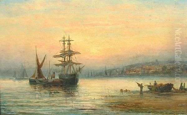 Sail Ships At Sunset On The Medway Oil Painting by William A. Thornley Or Thornber