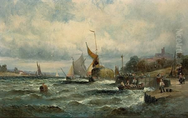 A Fresh Breeze, Mouth Of The Medway; Fishing Boats Off Boulogne (a Pair) Oil Painting by William A. Thornley Or Thornber