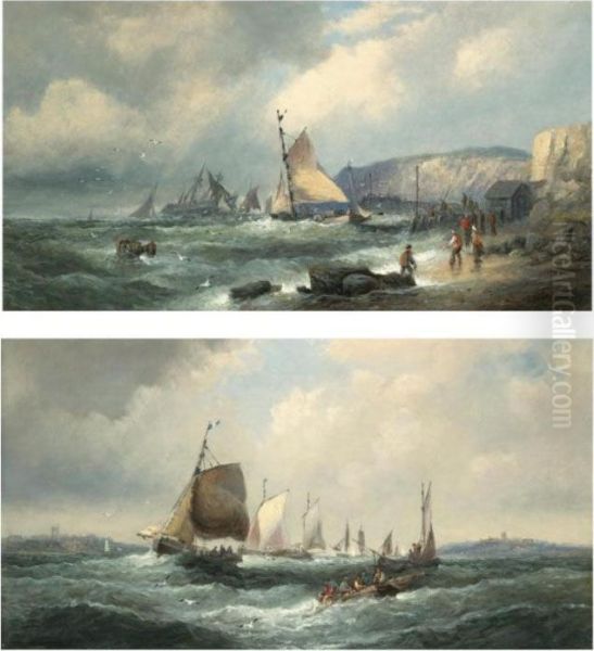 A Man-of-war Aground Off A Headland; Fishing Boats Off The Coast Oil Painting by William A. Thornley Or Thornber