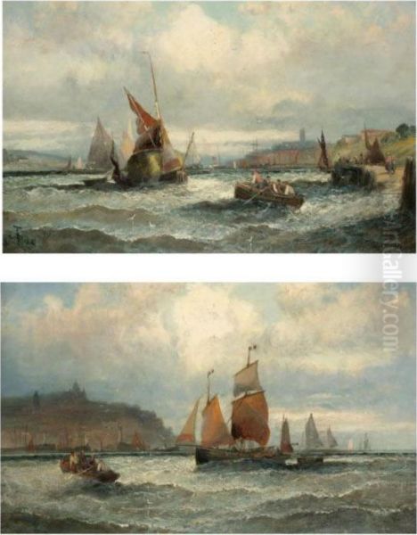 A Hay Barge Off Ramsgate; Fishermen Off Boulogne Oil Painting by William A. Thornley Or Thornber