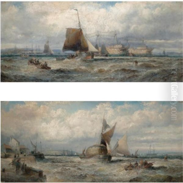 A Fresh Breeze, Old Hulks On The
 Hamoaze, Devonport; Wind Against Tide, Barges At The Mouth Of The 
Thames Oil Painting by William A. Thornley Or Thornber