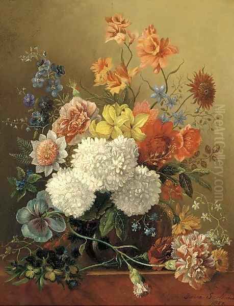 Mixed summer flowers in a glass vase on a ledge Oil Painting by Sara Sartorius