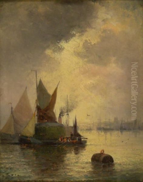 Sailing Barges On The River Medway Near Rochester Oil Painting by William A. Thornley Or Thornber