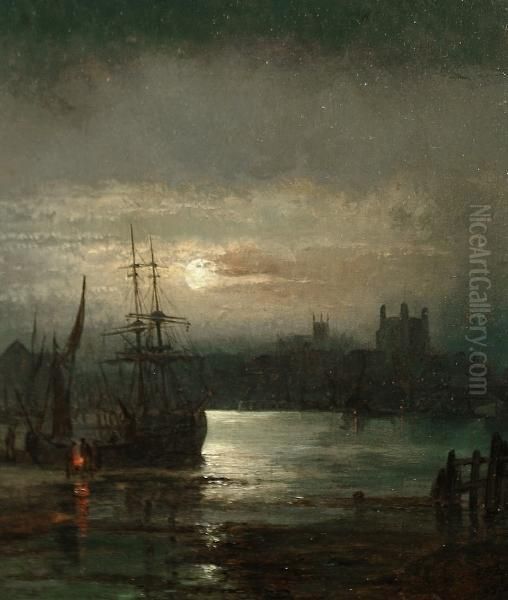 A Moonlit Harbour Scene Oil Painting by William A. Thornley Or Thornber