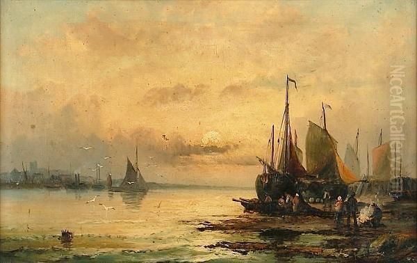 Vessels And A Hulk At Anchor, Sunset Oil Painting by William A. Thornley Or Thornber