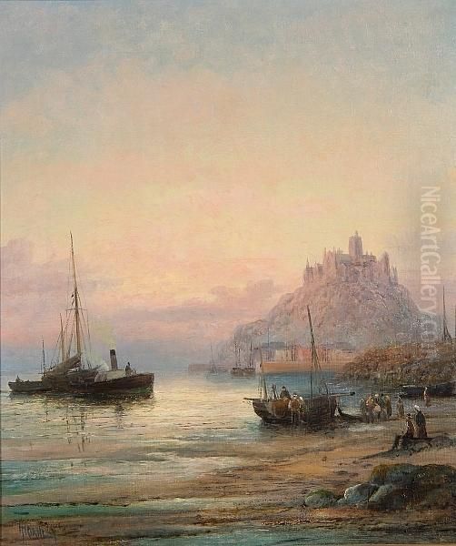 Vessels In The Shallows Before St Michael's Mount Oil Painting by William A. Thornley Or Thornber