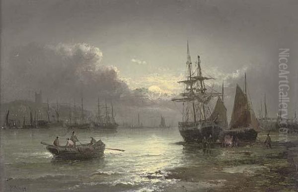 Whitby By Moonlight Oil Painting by William A. Thornley Or Thornber