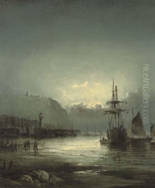 Whitby Harbour At Dusk Oil Painting by William A. Thornley Or Thornber