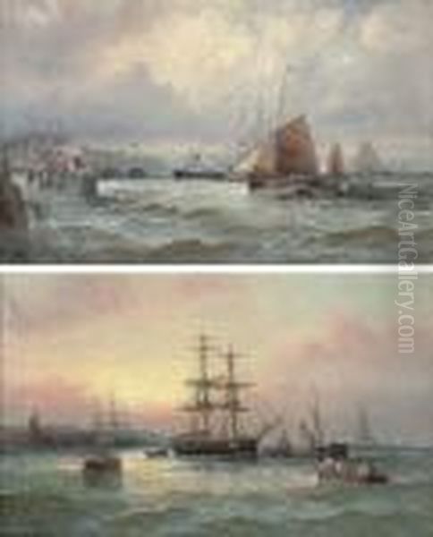 Crowded Waters Off A Channel Port; And Shipping At Dusk Oil Painting by William A. Thornley Or Thornber