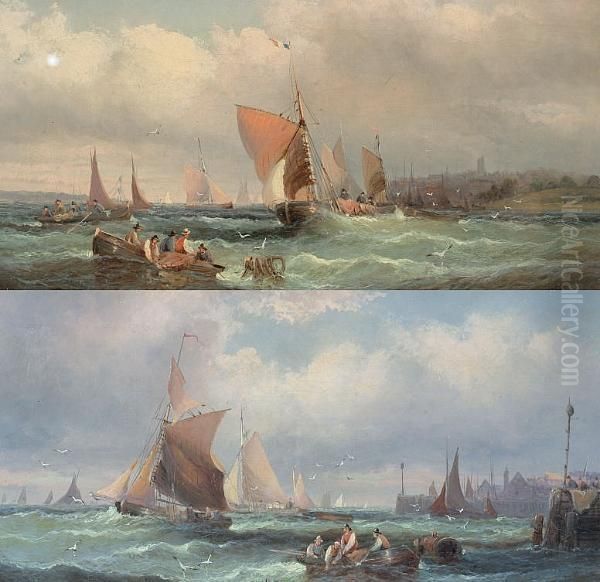 Fishing Boats Off A Harbour, And Another Similar Oil Painting by William A. Thornley Or Thornber